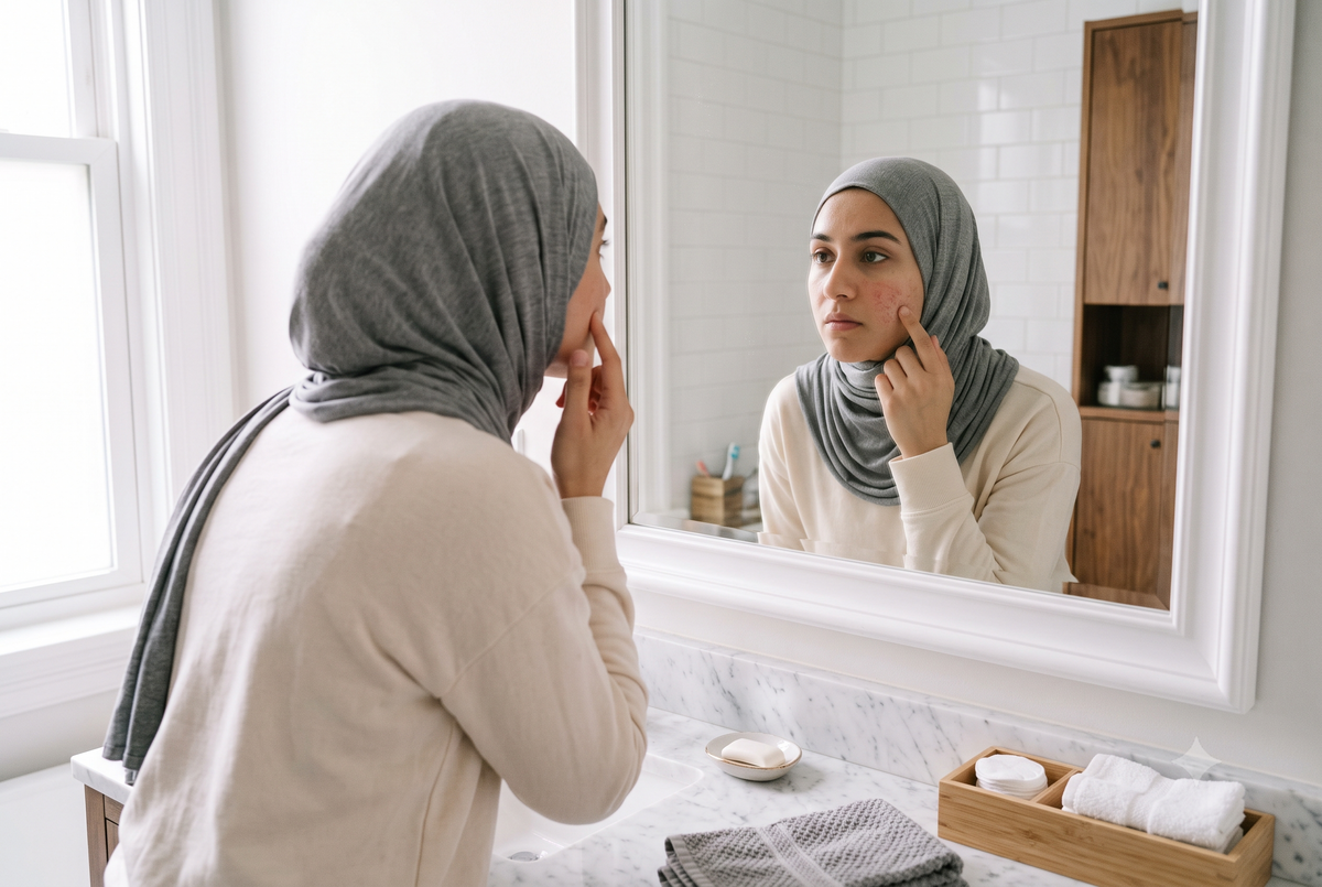 Young hijabi woman in a bathroom mirror examining subtle skin barrier damage on her cheek.