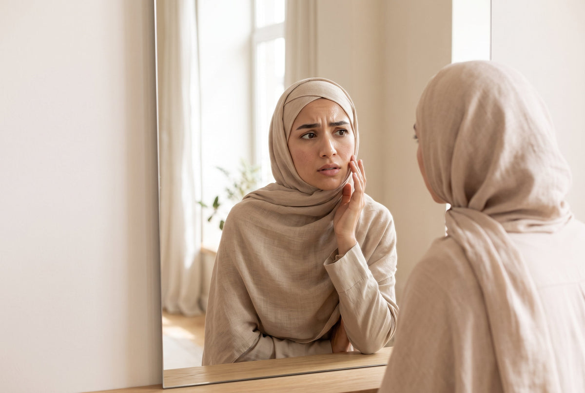 A young Muslim woman in a beige hijab examining her combination skin in a mirror with a confused expression, depicting the need for the best skincare for combination skin.