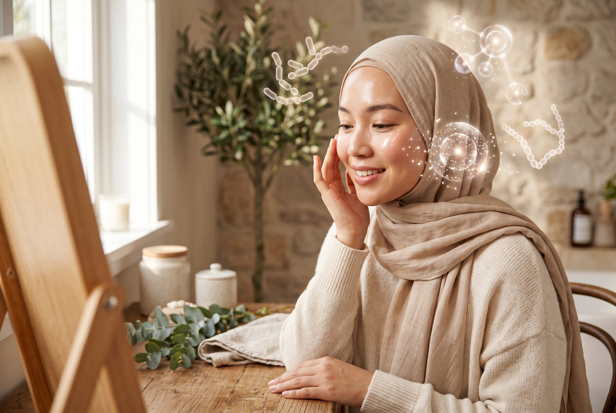 A smiling hijabi woman touching her dewy skin at a wooden table near a mirror, surrounded by glowing floating molecular graphics.