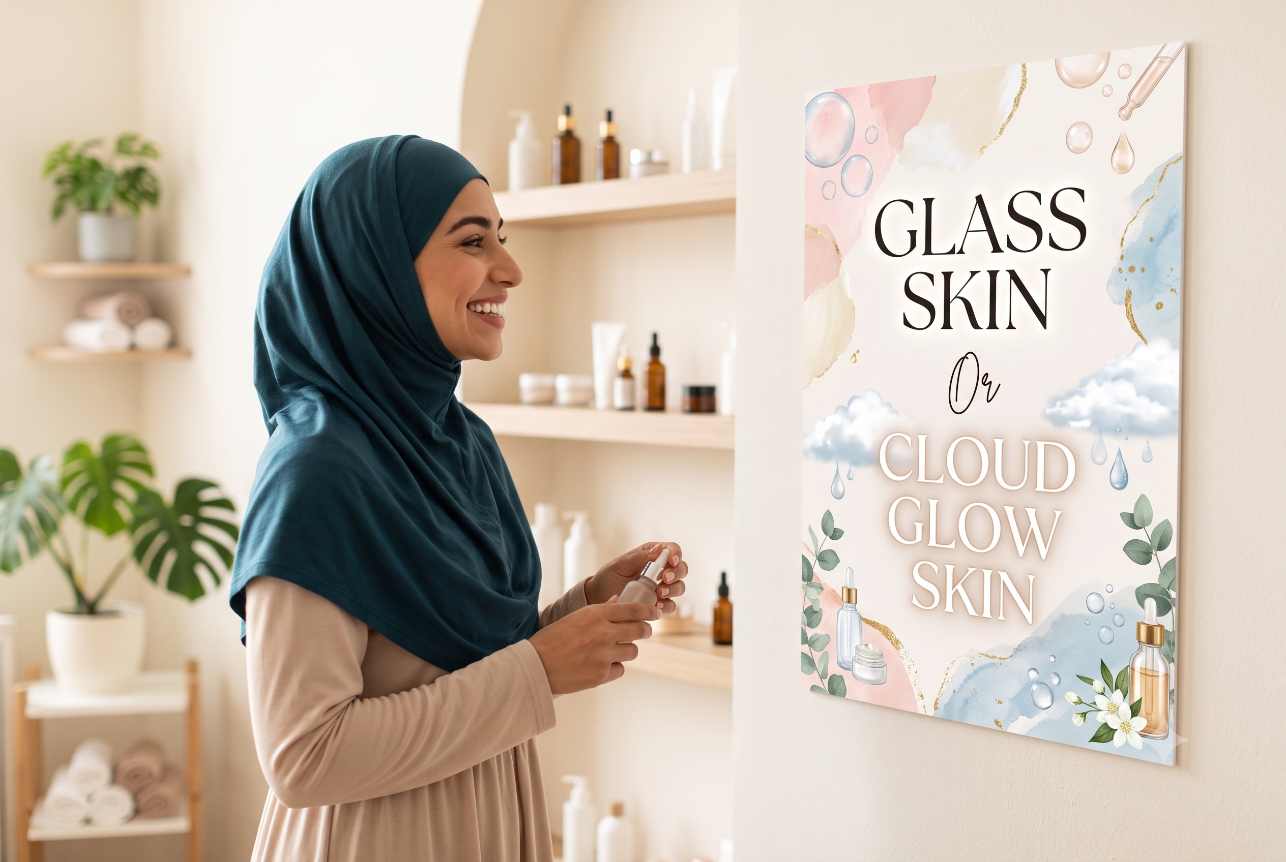 Skincare display featuring a woman with a beauty product and a poster about glass skin and cloud glow skin.