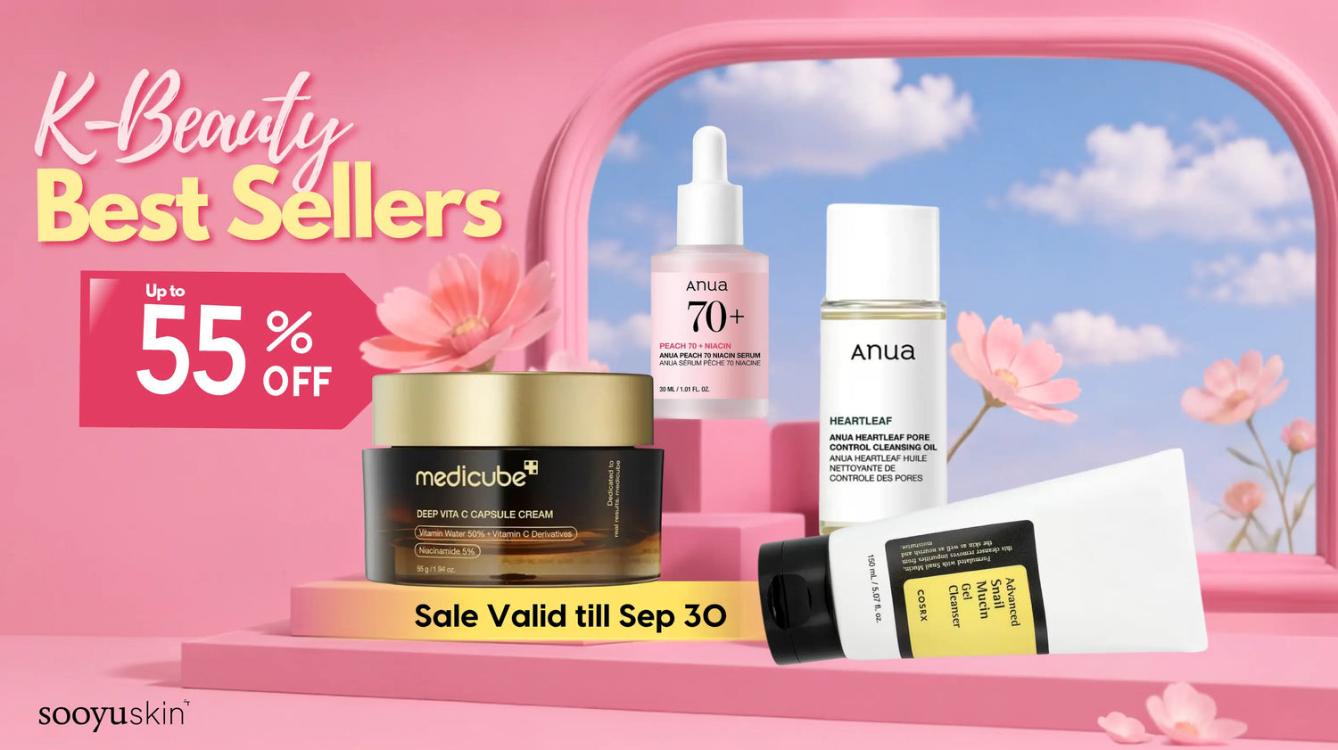 Promotional banner for K-Beauty best sellers featuring skincare products including Medicube Deep Pimple-Capable Cream, Anua 70+ Serum, and Anua Hyalu-Cool Gel, displayed on pink steps with a pink arched backdrop and sale text.