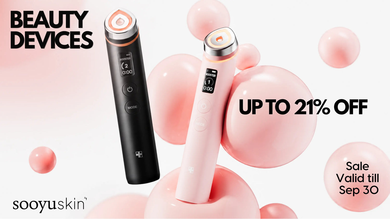 Two Sooyuskin beauty devices, one black and one light pink, displayed among floating pink spheres with promotional text 'BEAUTY DEVICES', 'UP TO 21% OFF', and 'Sale Valid till Sep 30'.