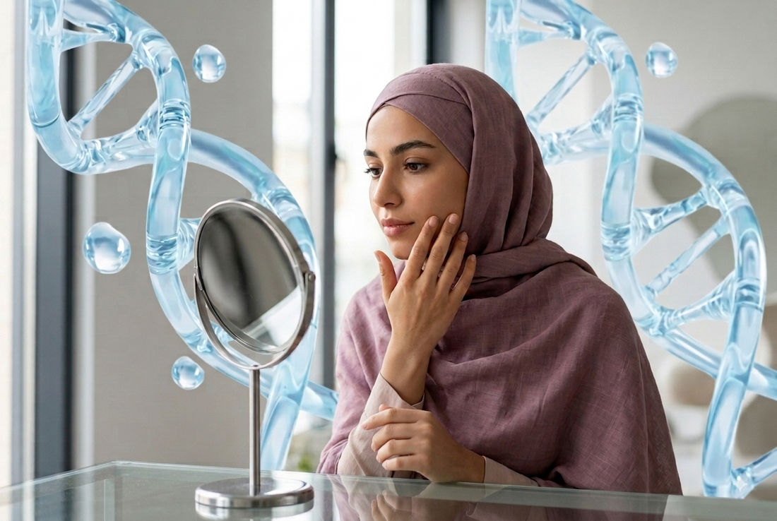 Woman admiring her skin in a vanity mirror as part of a modern PDRN skincare routine.