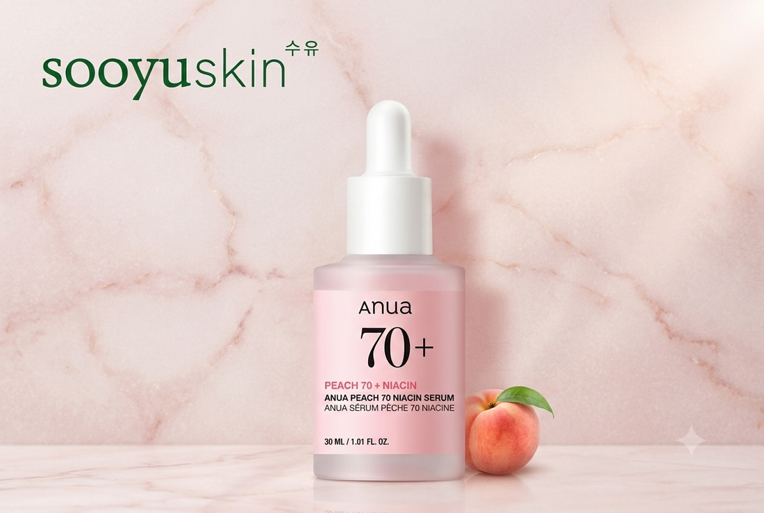 Anua Peach 70+ Niacin Serum displayed with a fresh peach, showcasing one of the natural ways to control oily skin at home.