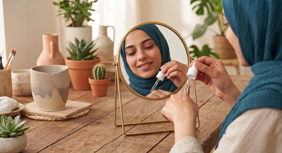 A woman wearing a blue hijab sitting at a wooden desk in a brightly lit room. She holds a skincare dropper in her hand, applying a serum to the back of her other hand.