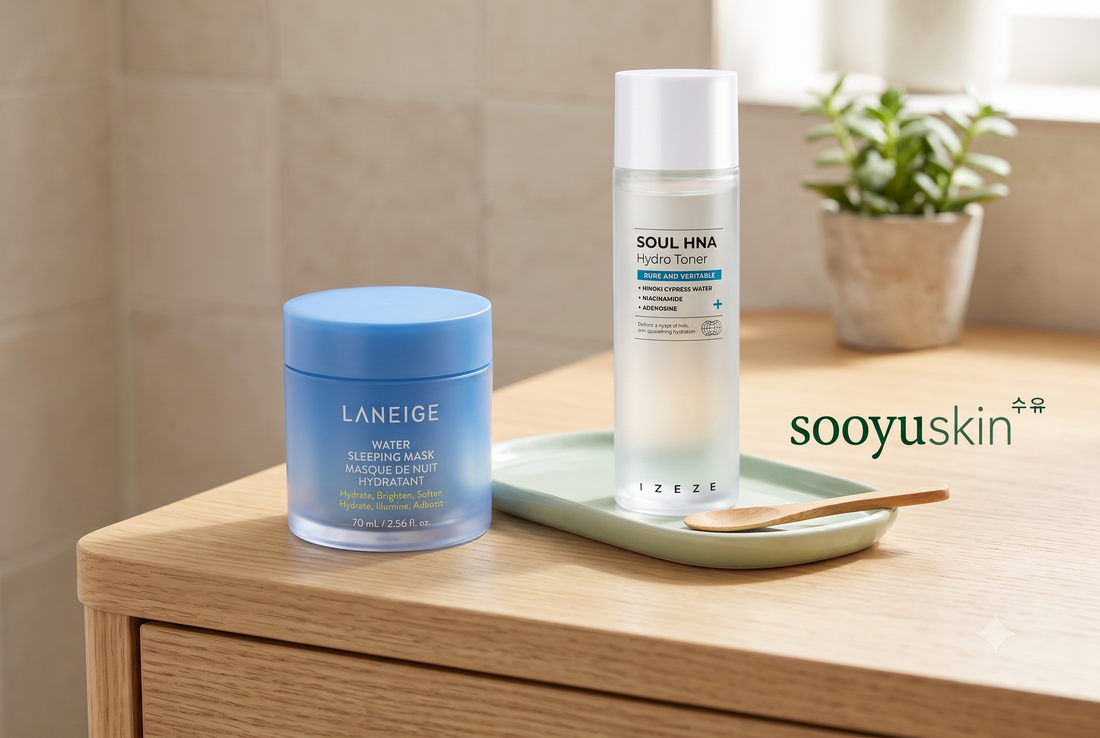 Hydrating skincare products for skincare after sun exposure, featuring IZEZE Soul HNA Hydro Toner and Laneige Water Sleeping Mask to replenish and soothe skin.