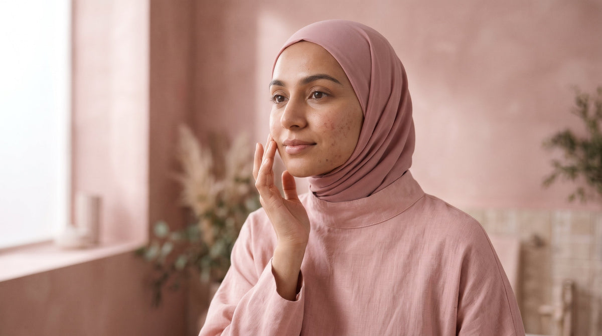 A candid, soft-focused photograph of a South Asian woman wearing a dusty pink hijab and high-necked linen top, gently touching her cheek while examining natural skin with mild dark spots.