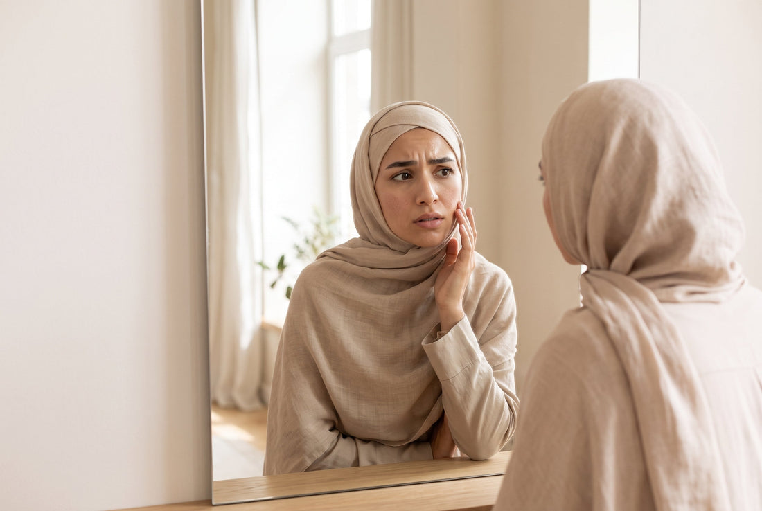 A young Muslim woman in a beige hijab examining her combination skin in a mirror with a confused expression, depicting the need for the best skincare for combination skin.