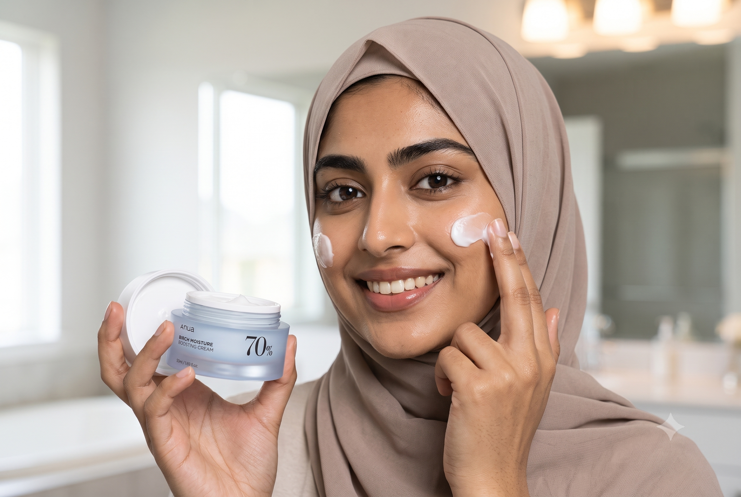 A smiling woman with glowing skin holds up the ANUA Birch Moisture Boosting Cream while demonstrating how to choose the best moisturizer for your skin.