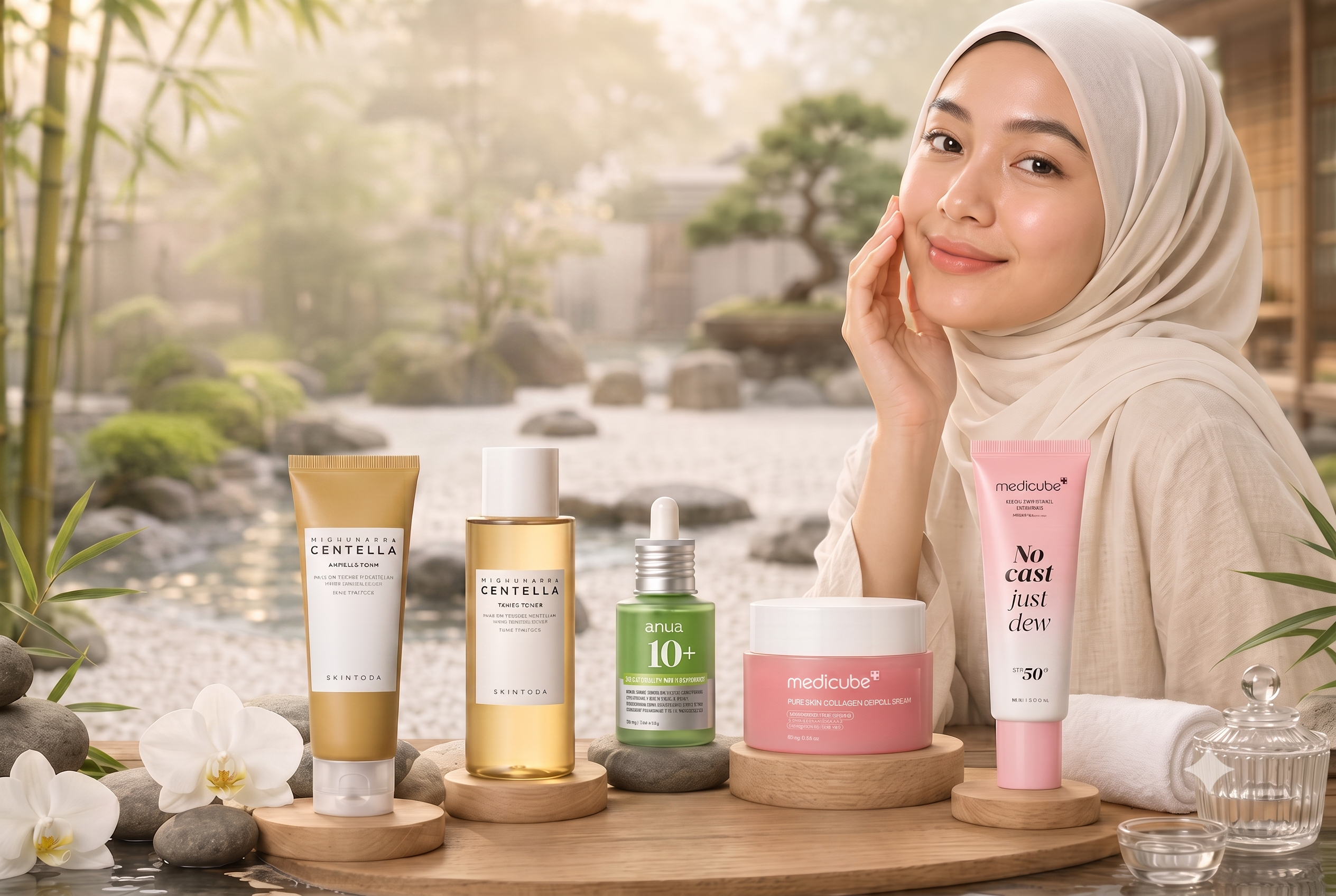 A woman with glowing skin posing next to a 5-step skincare set to demonstrate how to reduce facial redness.