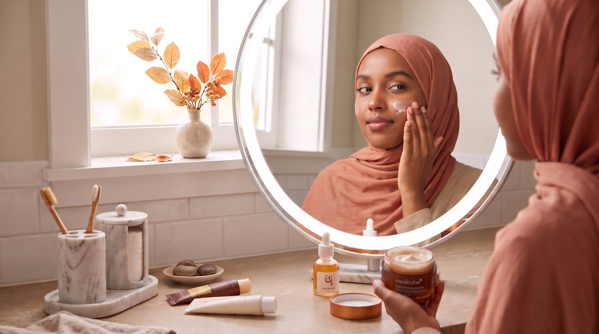 A hijabi woman applying moisturizer in front of a bright bathroom mirror during an autumn morning, simple skincare products visible on the counter.