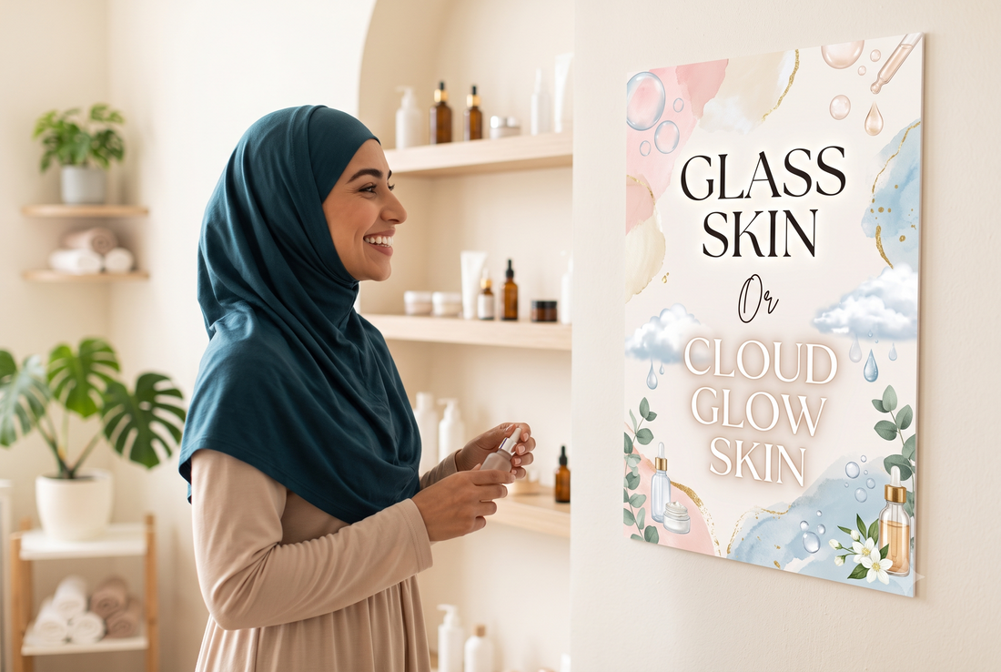 Skincare display featuring a woman with a beauty product and a poster about glass skin and cloud glow skin.