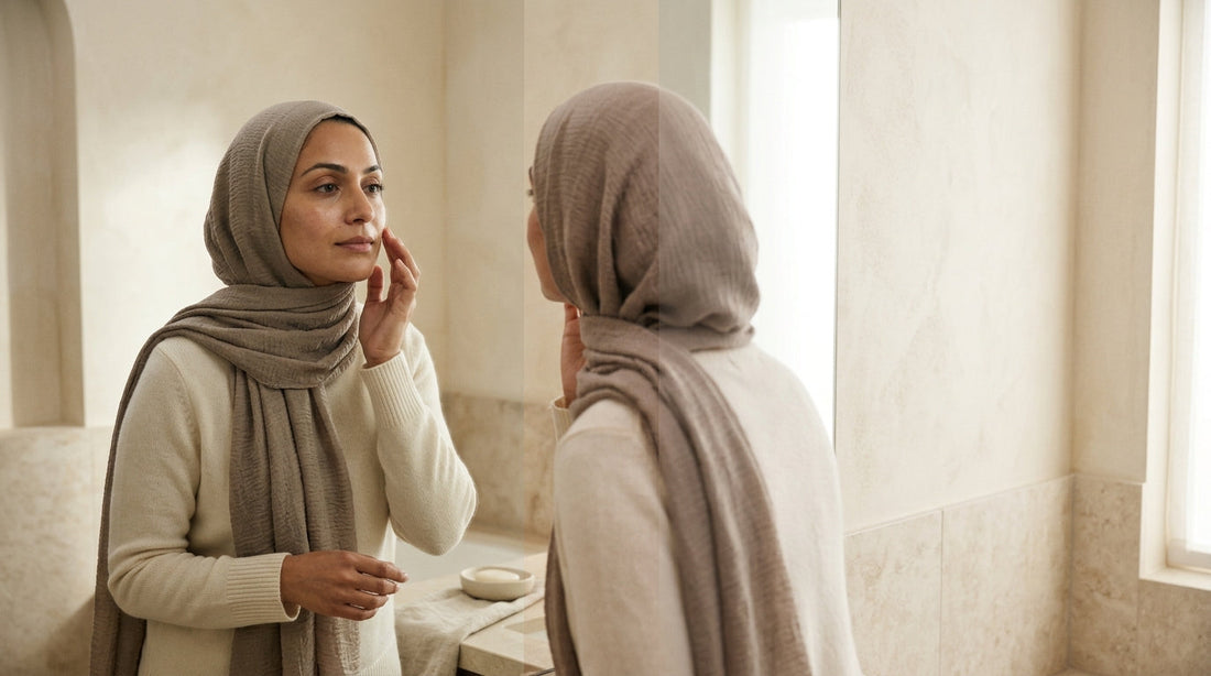 A woman wearing a beige hijab gently touches her cheek while looking into a bathroom mirror, examining her skin.