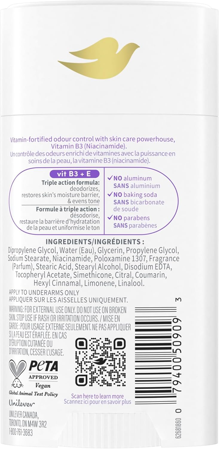 Dove Vitamin Care+ Aluminum-Free Deodorant Lavender & Chamomile Scent 72h Breathable Odour Protection with Vitamin B3+E 74 g