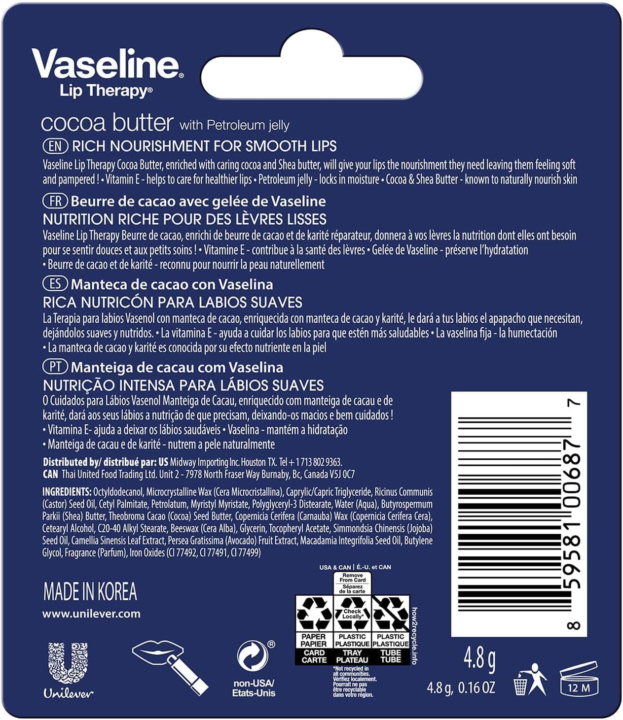 Vaseline Cocoa Butter Lip Balm 4.8g