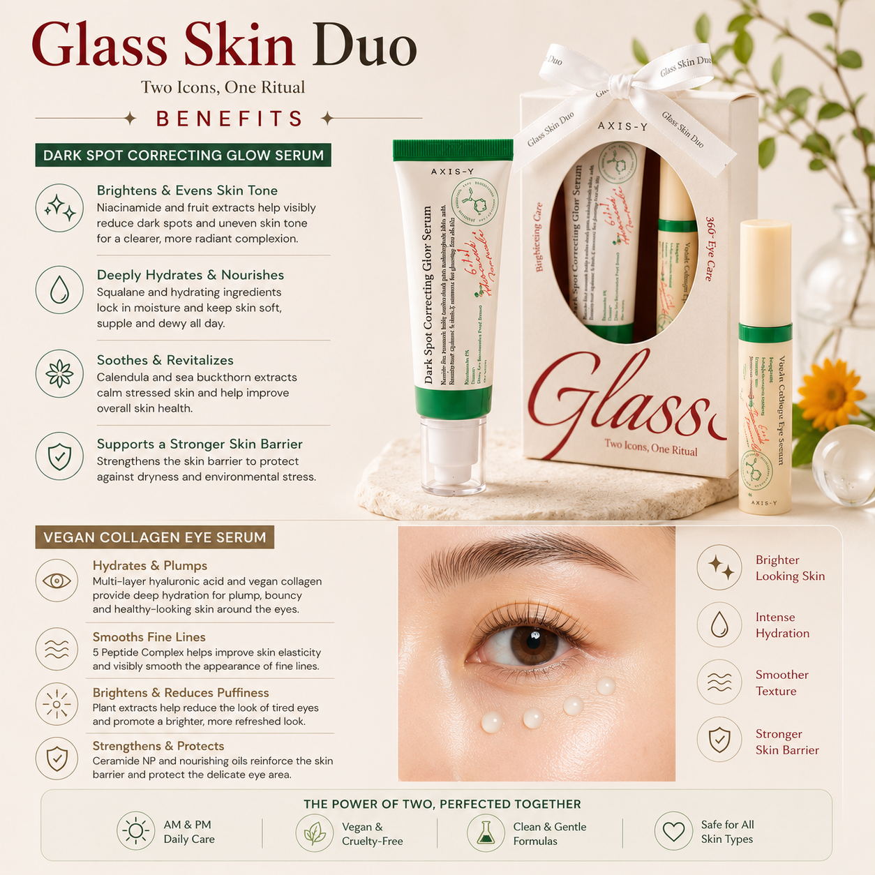 AXIS-Y Glass Skin Duo – Dark Spot Correcting Glow Serum 50ml + Vegan Collagen Eye Serum 10ml