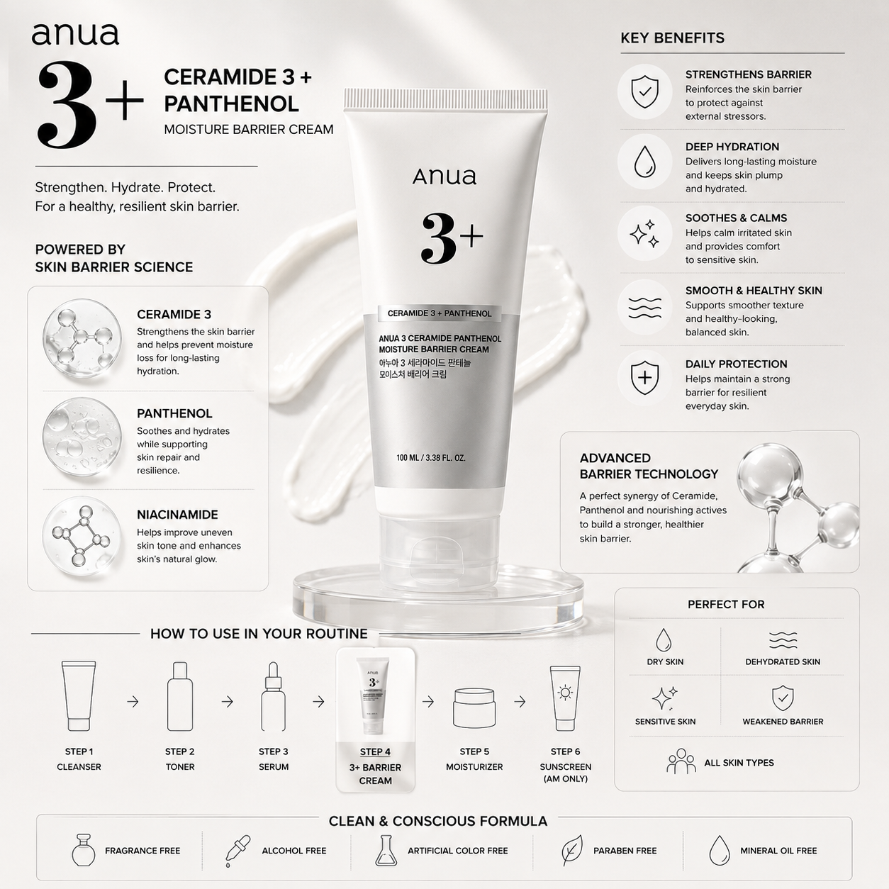 Anua 3 Ceramide Panthenol Moisture Barrier Cream 100ml