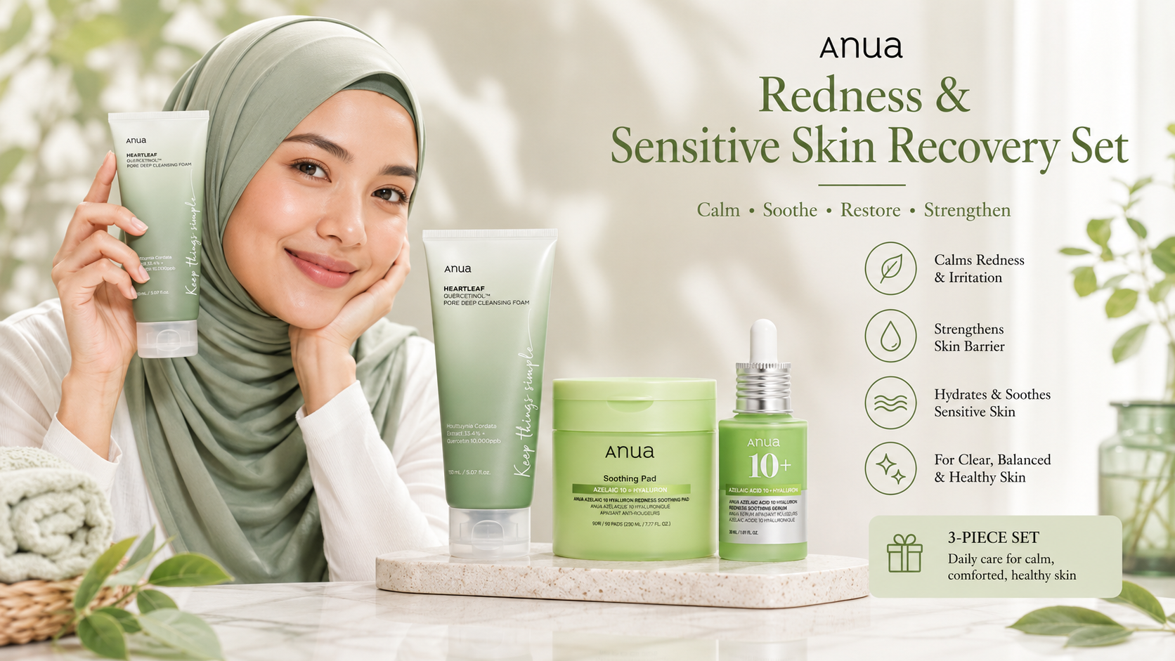Anua Redness & Sensitive Skin Recovery Set – 3-Piece Korean Skincare Routine