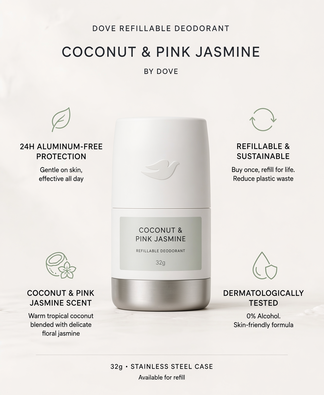 Dove Refillable Deodorant Coconut & Pink Jasmine 32g