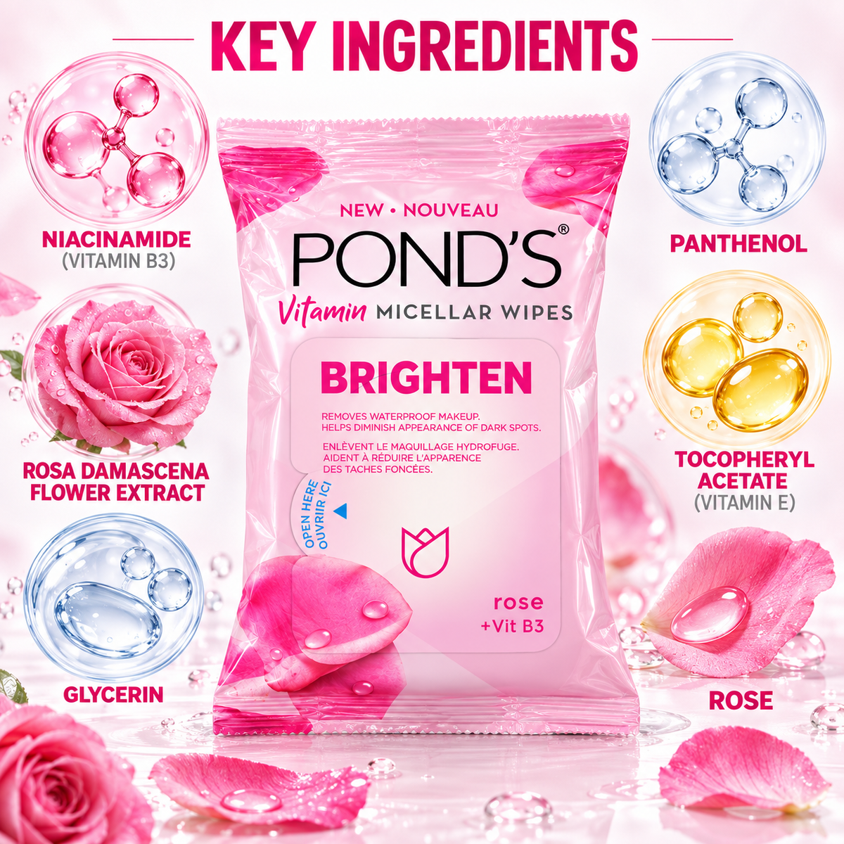 POND’S Vitamin Micellar Wipes Brighten Rose + Vitamin B3 – 25 Wipes