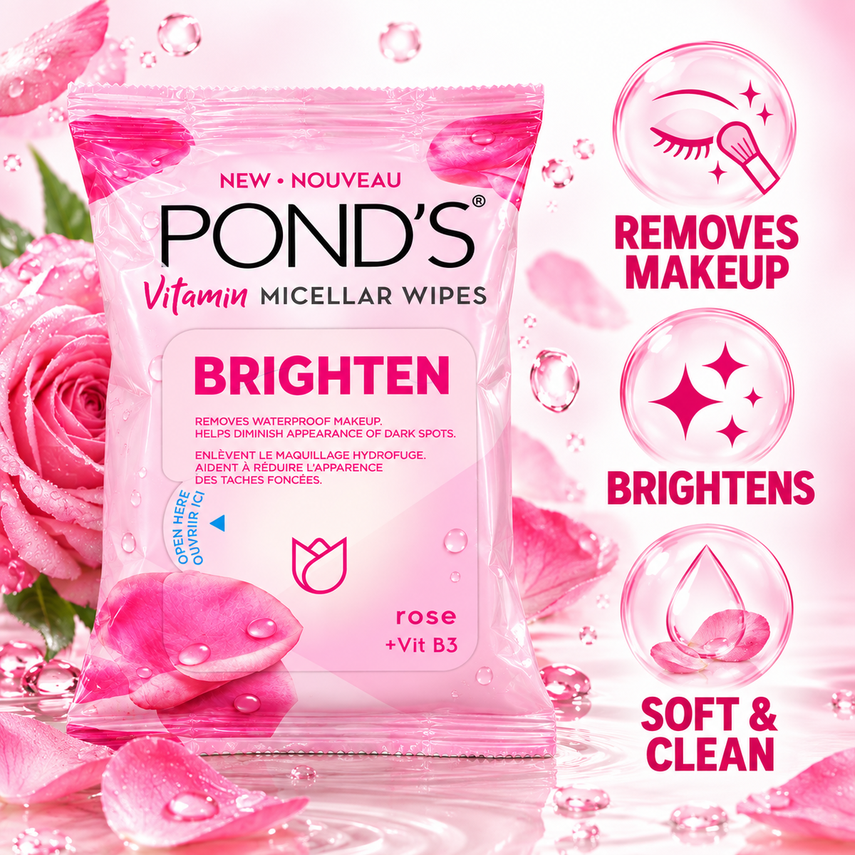 POND’S Vitamin Micellar Wipes Brighten Rose + Vitamin B3 – 25 Wipes