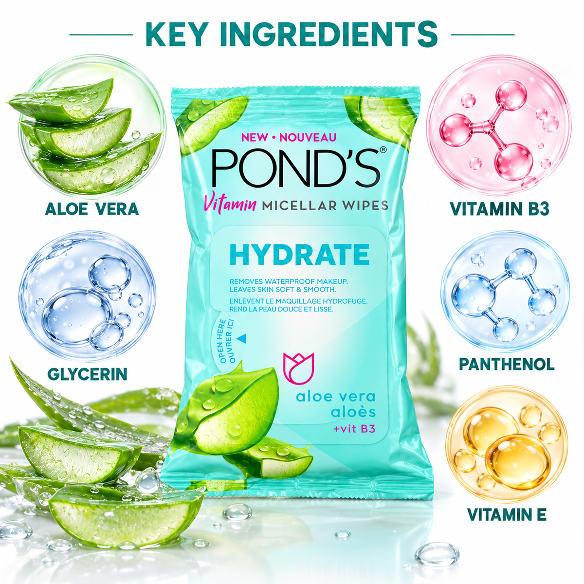 POND’S Vitamin Micellar Wipes Hydrate 25 Count – Aloe Vera + Vitamin B3
