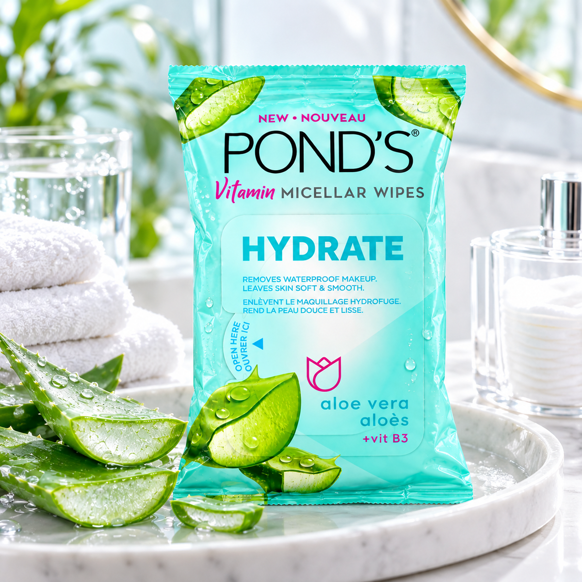 POND’S Vitamin Micellar Wipes Hydrate 25 Count – Aloe Vera + Vitamin B3