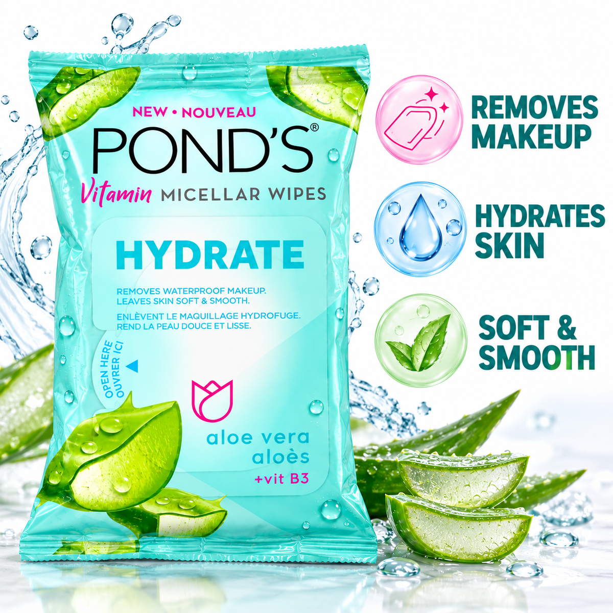 POND’S Vitamin Micellar Wipes Hydrate 25 Count – Aloe Vera + Vitamin B3