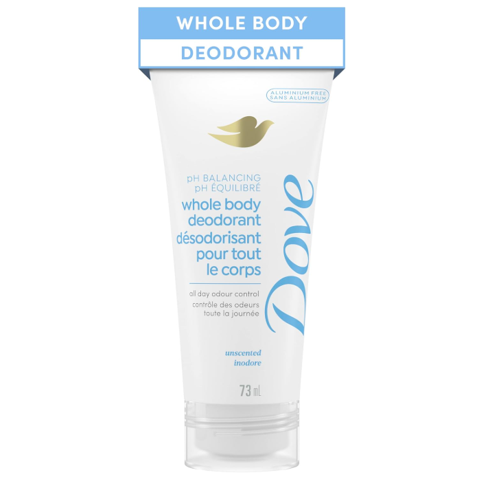 Dove Whole Body Deodorant pH Balancing Cream, Aluminum Free, All Day Odour Control, Unscented, 73 mL