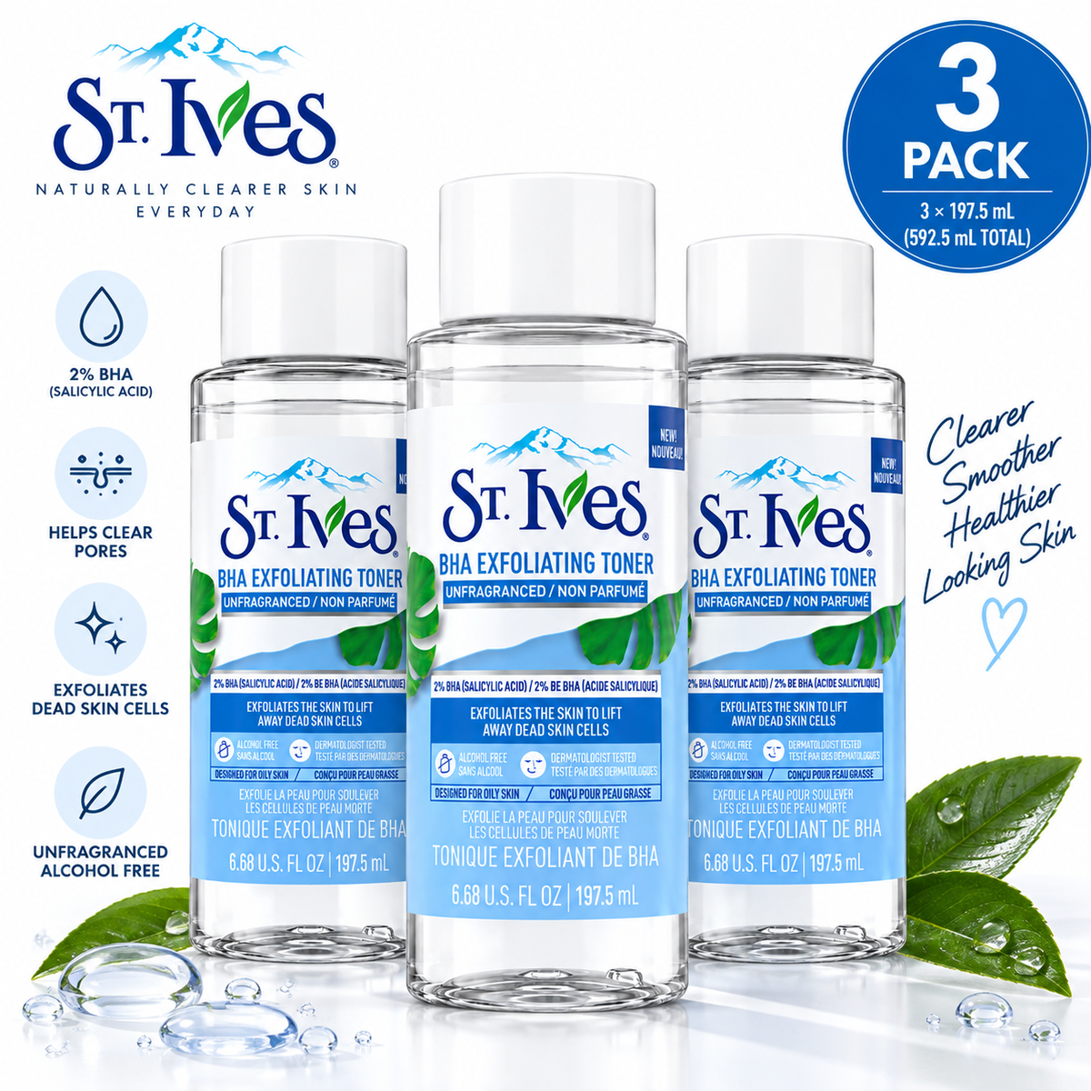 St. Ives Unfragranced BHA Exfoliating Toner 197.5mL – 3 Pack