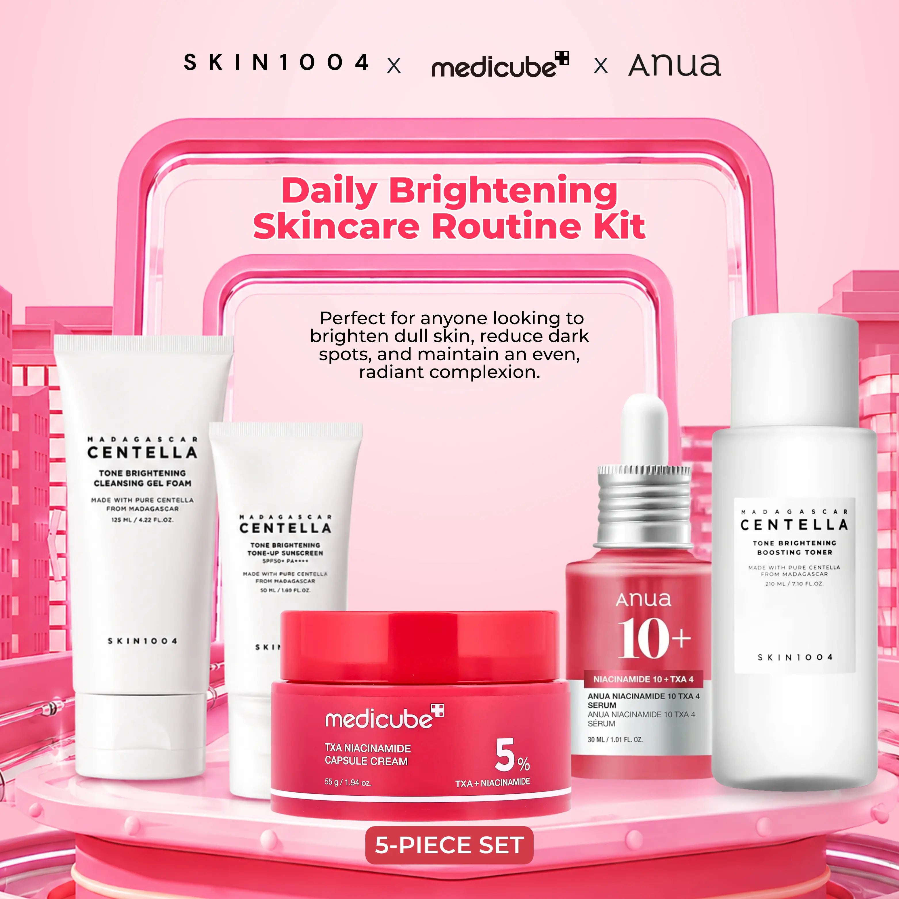 Anua × Medicube × SKIN1004 - Daily Brightening Skincare Routine Kit (5-Piece Set)