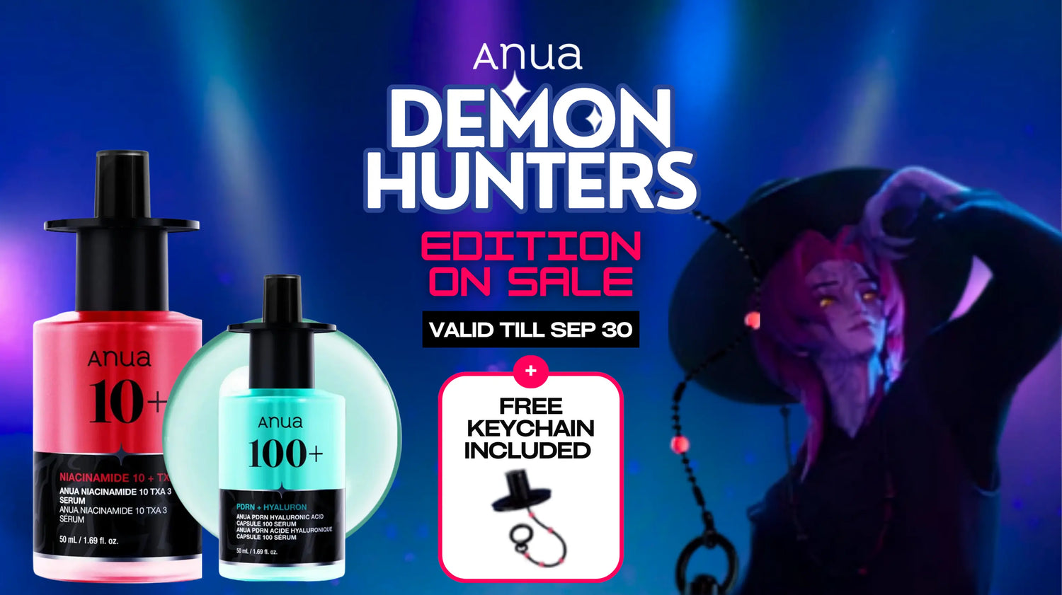 Promotional graphic for Anua Demon Hunters Edition on Sale, featuring two nail polish bottles (one pink, one light blue) and a keychain offer on a dark blue stage-like background with a stylized character.